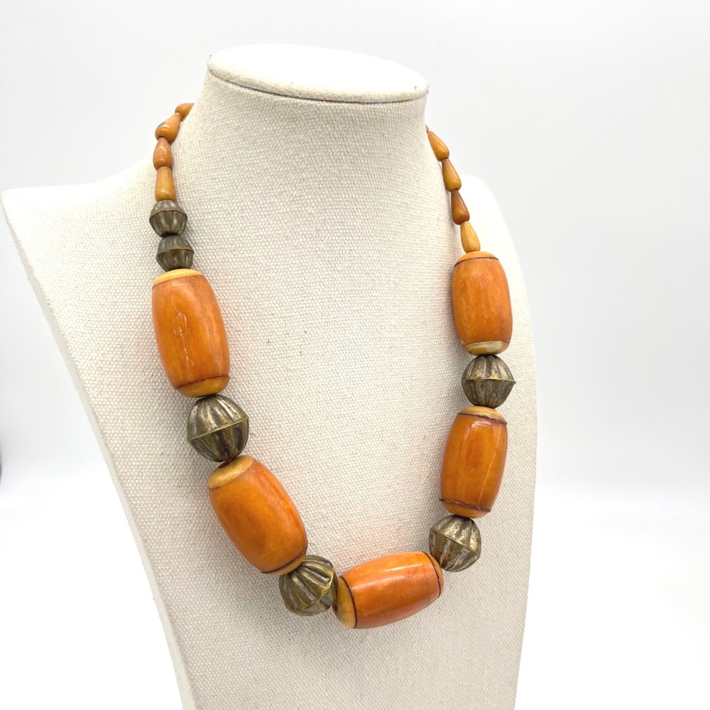 Vintage Chunky Butterscotch Nut and Brass Tone Metal Bead Statement Necklace
